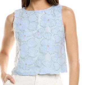 FLORA BEA Brello Top Size S • NEW WITH TAGS • Blue Floral Appliqué Lace Pearl